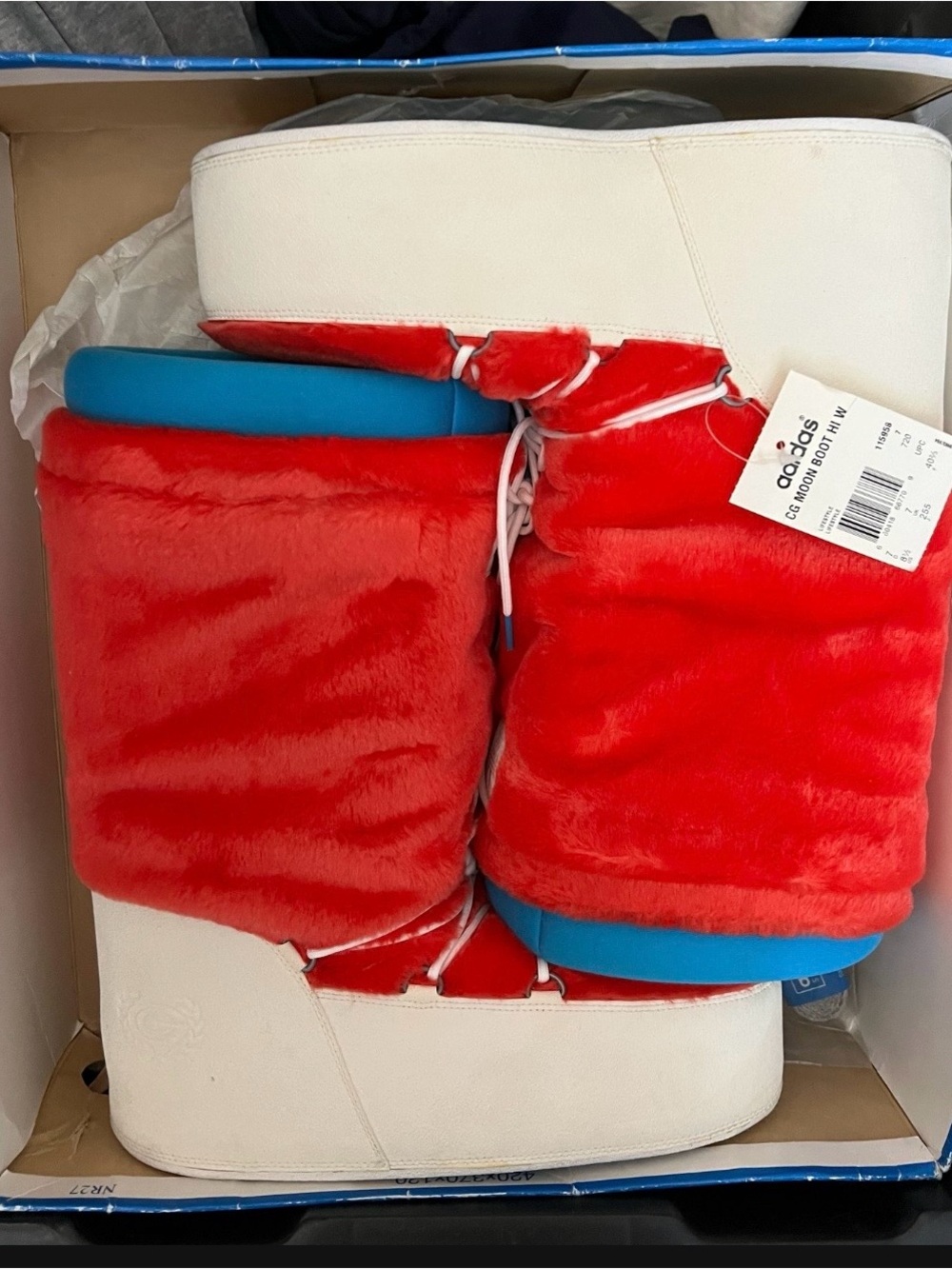 adidas Red Faux-Fur Boot Slippers with Blue Trim